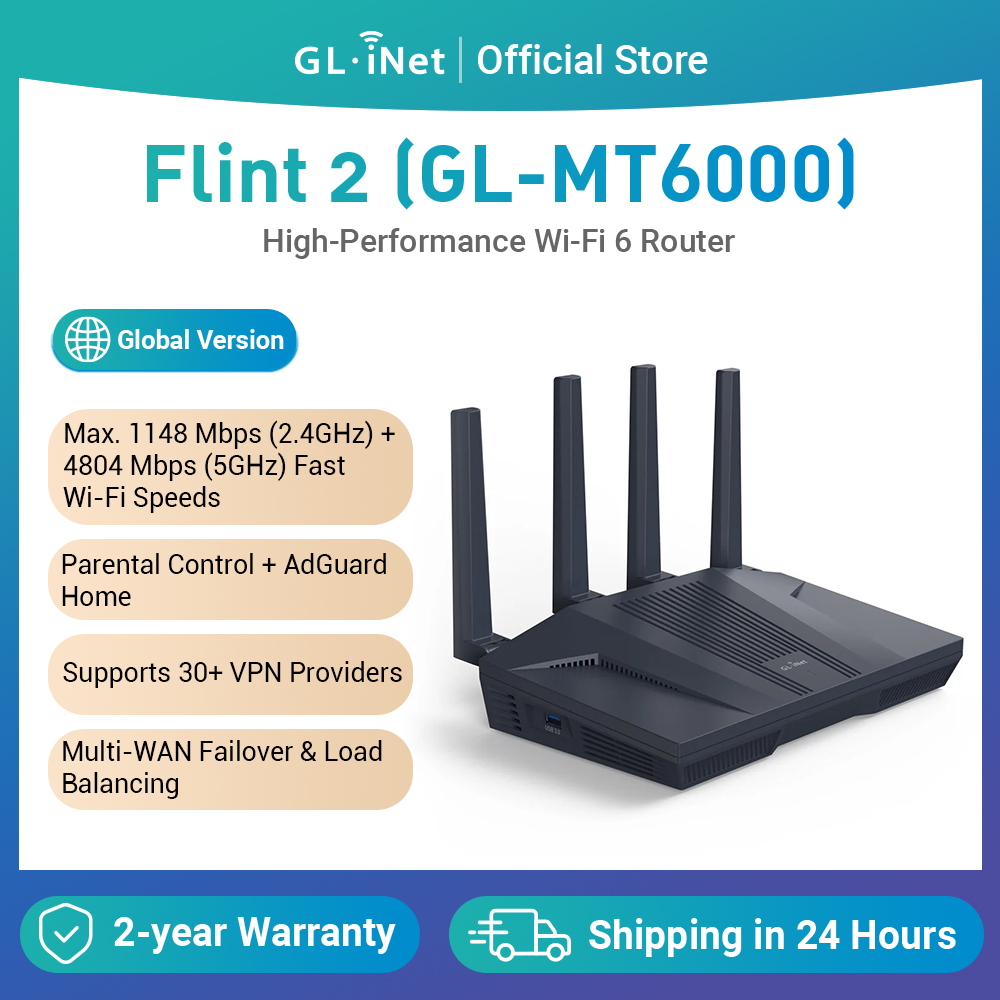 Wifi 6E Router Tri Band 6Ghz - GL.iNet Flint 2 (GL-MT6000) ev ve